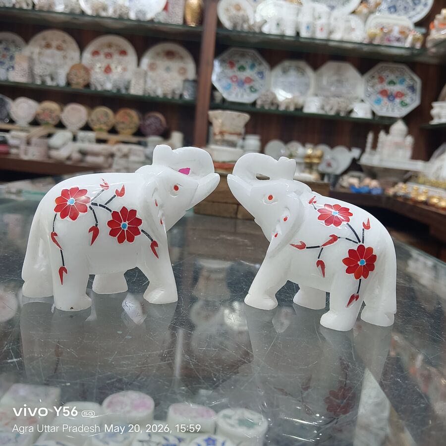 Marble Elephant with Inlay